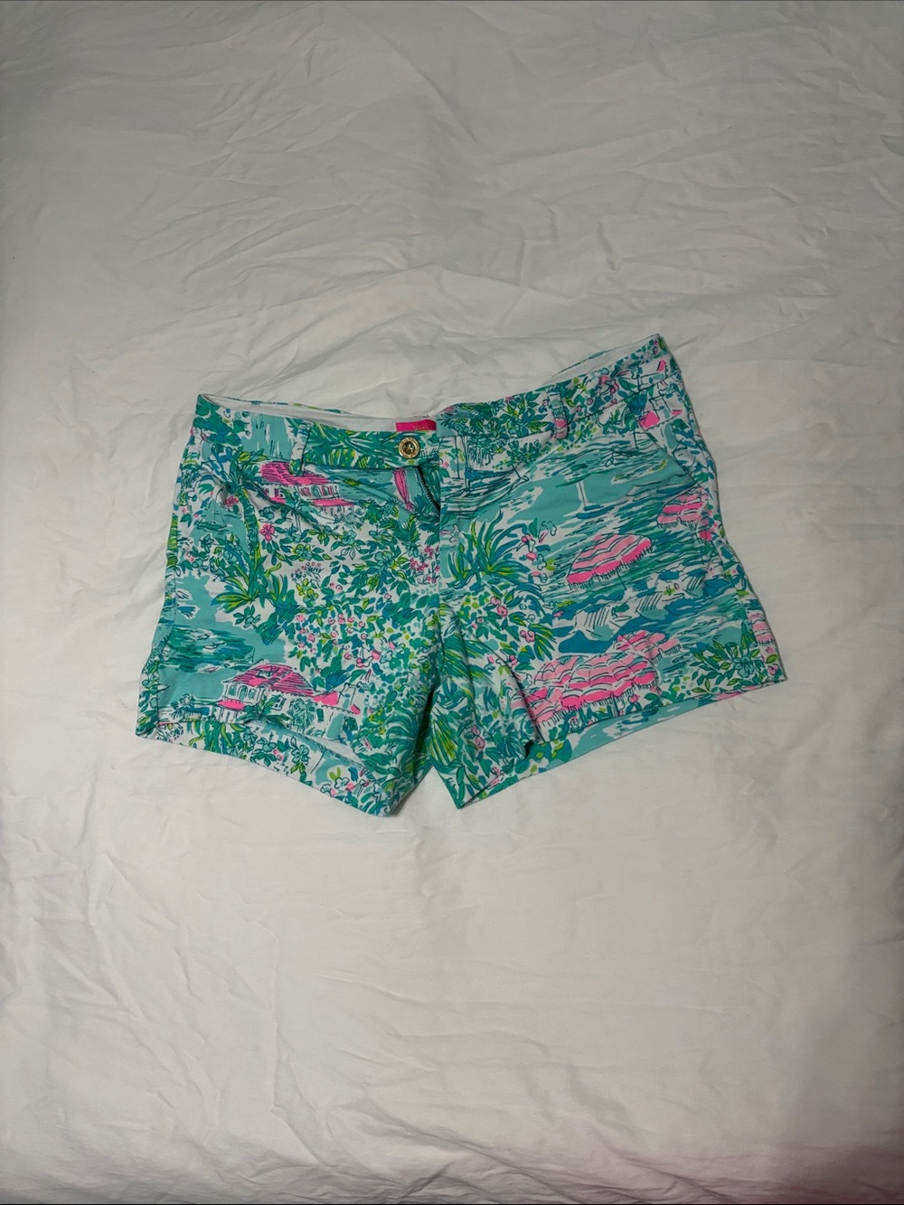 Lilly Pulitzer Turquoise Floral-Print Cotton Shorts with Pink Accents